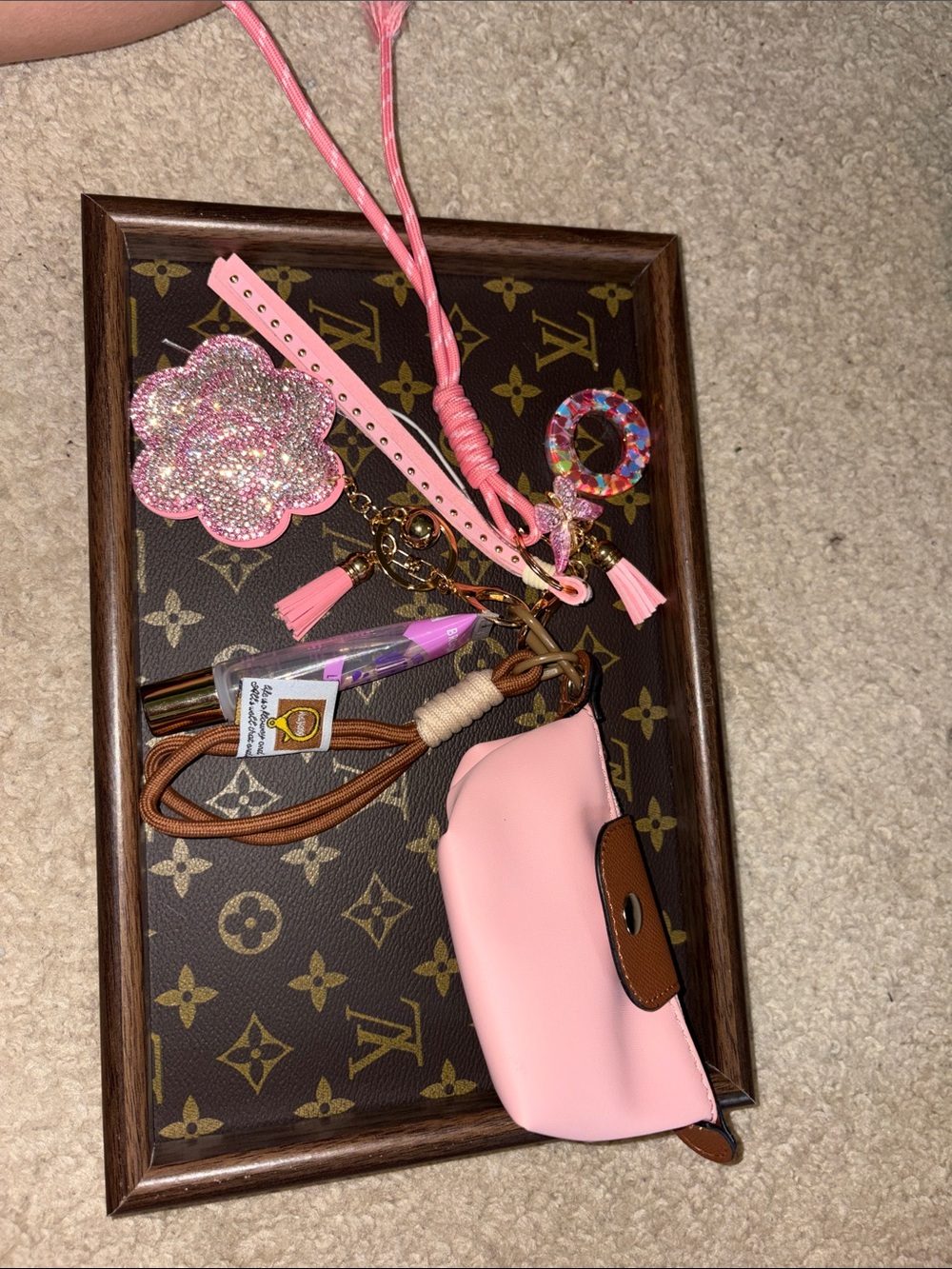 Pink Leather look Wristlet Key Pouch with Charm Accents